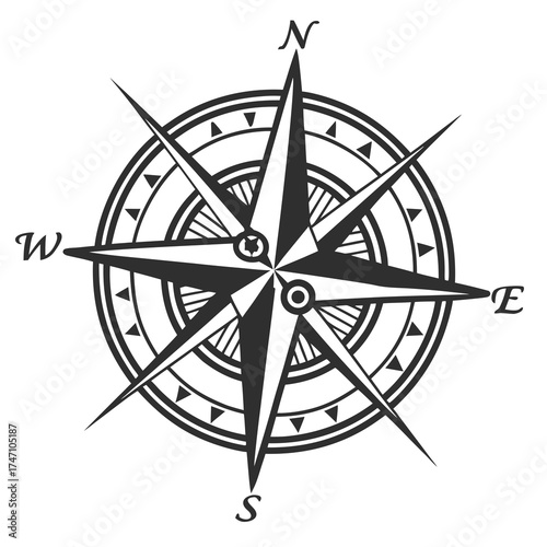 Black compass rose with north south east west labels