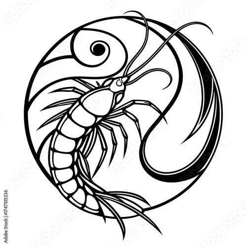 Black shrimp abstract swirl on white background prawn