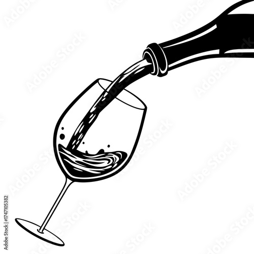 Black silhouette of wine pouring into glass on white background