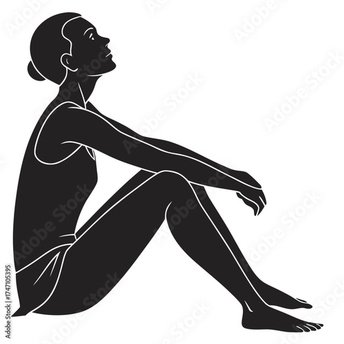 Black silhouette of woman sitting looking up vector