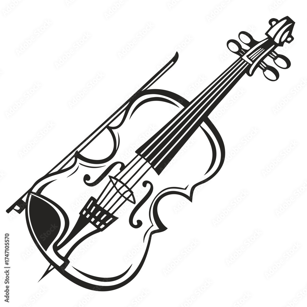 Obraz premium Black violin and bow line art on white background musical instrument