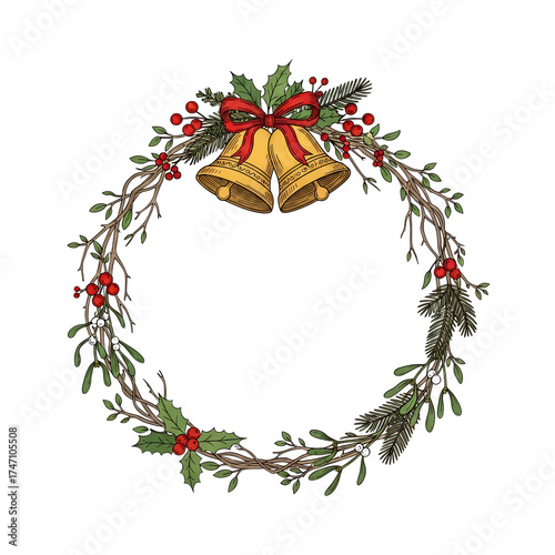 Festive christmas wreath isolated on white background adorned with golden bells, a red bow, holly leaves, and vibrant red berries, creating a joyful holiday scene