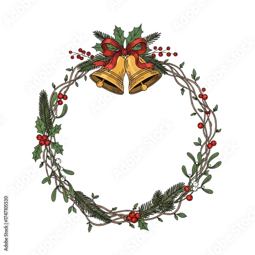 Festive christmas wreath isolated on white background adorned with golden bells, a red bow, holly leaves, and vibrant red berries, creating a joyful holiday scene