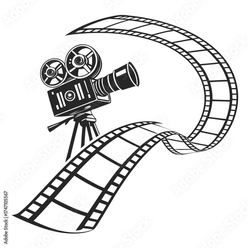 Black vintage film camera with film strip on white background