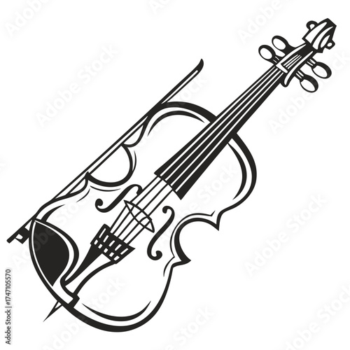 Black violin and bow line art on white background musical instrument