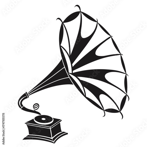 Black vintage gramophone silhouette on white background