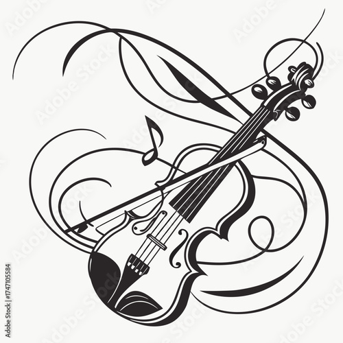 Black violin with ornate swirls and musical note musical instrument