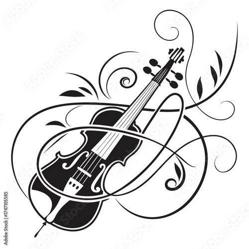 Black violin line art with swirling decorative elements