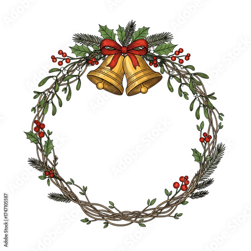 Festive christmas wreath isolated on white background adorned with golden bells, a red bow, holly leaves, and vibrant red berries, creating a joyful holiday scene