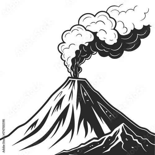 Black volcano erupting smoke on white background eruption