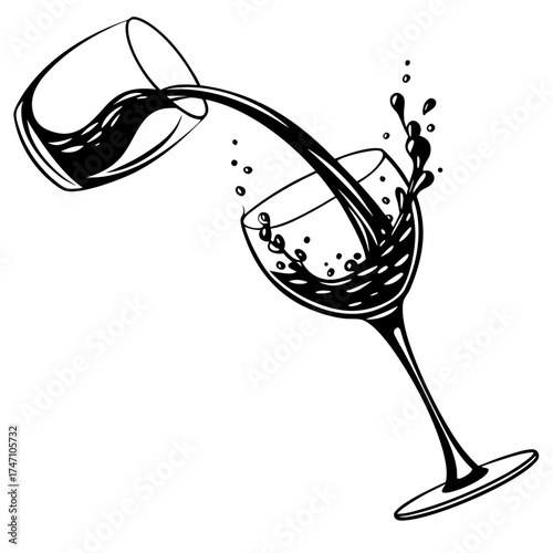 Black wine being poured into a wine glass with splashes