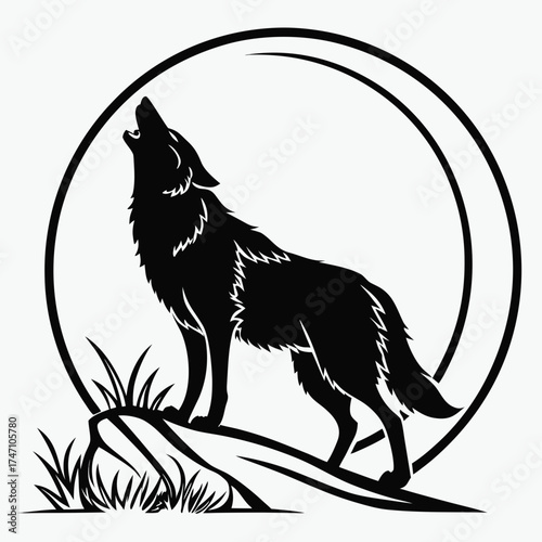 Black wolf howling in circle on rock with grass silhouette