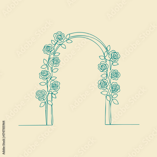Elegant floral arch with roses and leaves in a minimalistic line art style for decoration and celebration themes