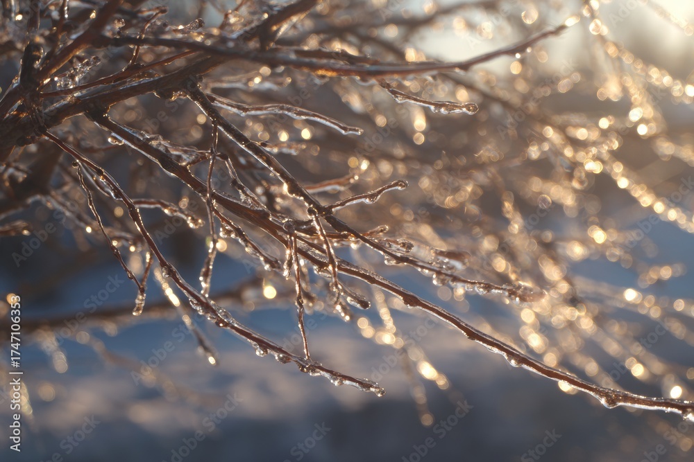 Obraz premium Delicate ice forms on bare branches, reflecting sunlight in a peaceful winter setting. The warm glow contrasts with the cold air, creating a beautiful scene