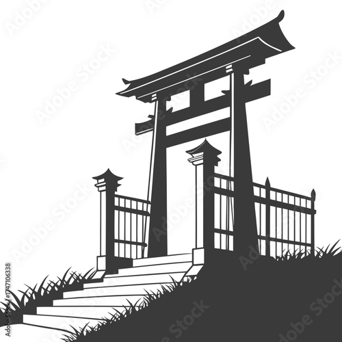 Black silhouette of a Japanese torii gate and fence