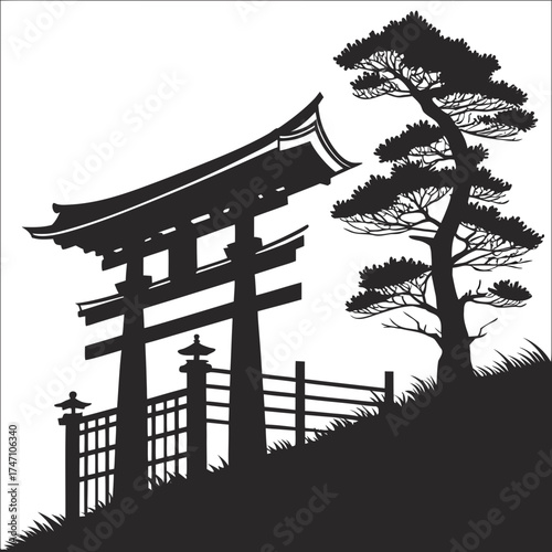 Black silhouette of a Japanese torii gate and pine tree