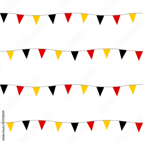 Abstract colorful pattern. Seamless print composed of red, yellow, black flags on white background. Festive garland of triangle flags of German colors