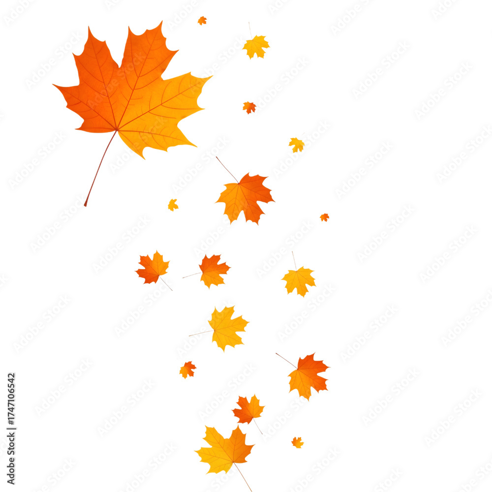 Fototapeta premium Vibrant orange maple leaves gracefully falling against a stark black background symbolizing autumn s beauty and transition