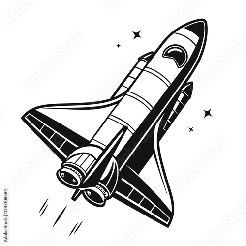 Black spaceship icon with exhaust trails and stars