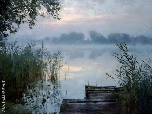 Serene lake landscape at dawn viewed through a window with gentle mist rising from the water s surface and a wooden dock visible among reeds