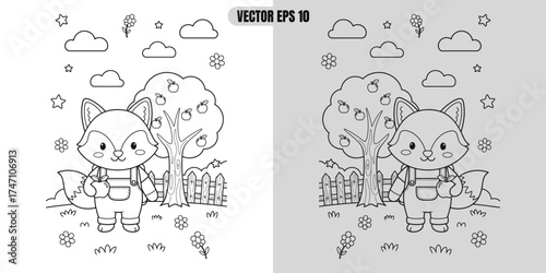 Cute cartoon fox character with trees and clouds for coloring