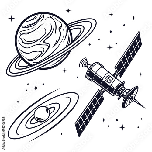 Black and white illustration of a satellite and planets in space