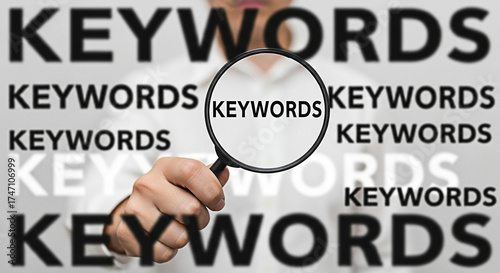 Person holding magnifying glass over the word keywords for search engine optimization and online marketing strategies to improve website visibility