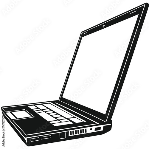 Black laptop silhouette open on white background computer