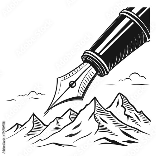 Black fountain pen nib drawing mountain range black pen
