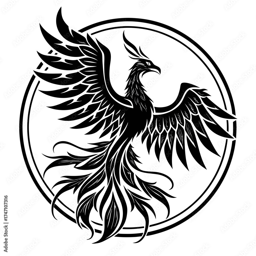 Obraz premium Black phoenix bird with spread wings in circular frame