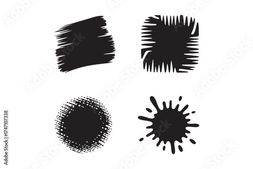 Four black grunge brush stroke and splatter shapes on white background