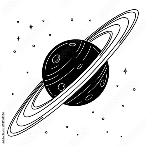 Black planet with orbiting rings and stars space galaxy