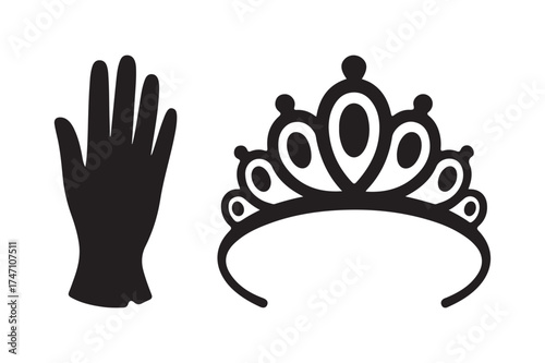 Black silhouette of a hand and a princess tiara on white background