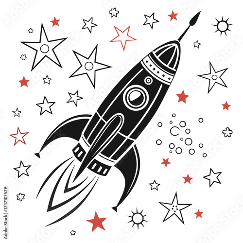 Black rocket and stars on white background space