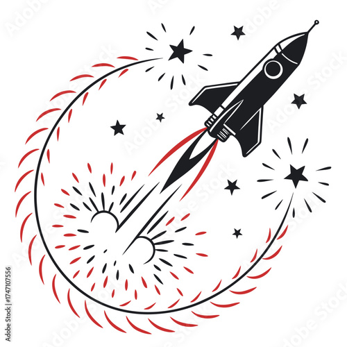 Black rocket blasting with red and black sparks and stars