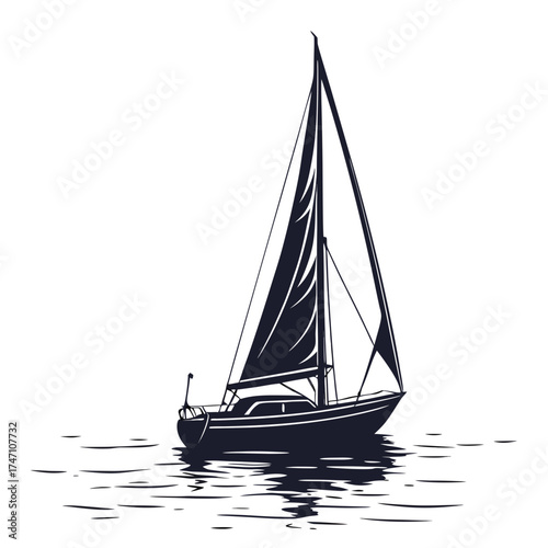 Black sailboat silhouette on rippling water white background