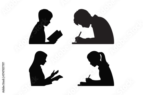 Silhouettes of children reading and writing in a study setting