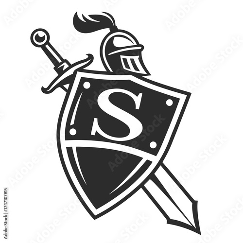 Black shield with sword and helmet abstract S symbol