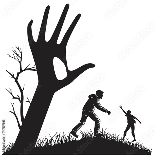 Black silhouette of a giant hand reaching over people and a tree