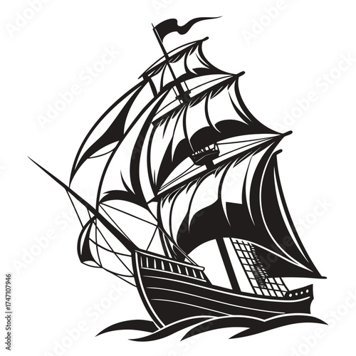 Black silhouette of a sailing ship on white background 2