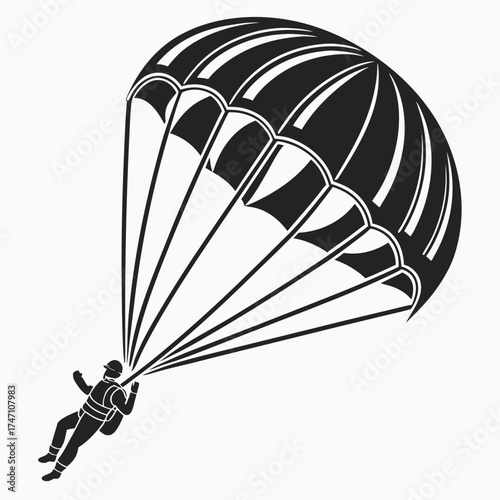 Black silhouette of a skydiver with parachute against white background