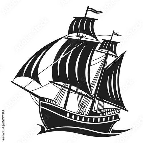 Black silhouette of a sailing ship on white background
