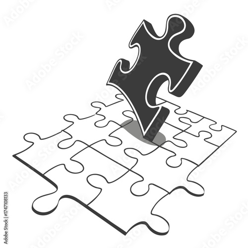 Single black puzzle piece hovering over white background