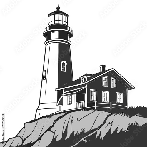 Black and white lighthouse and house on rocky cliff