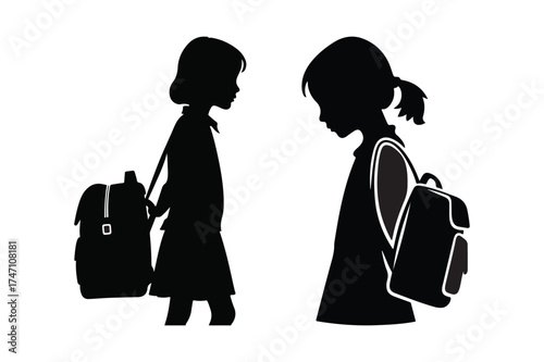 Two young girls in silhouette carrying backpacks facing away