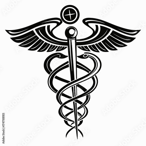 Black Caduceus symbol with wings and snakes medical symbol