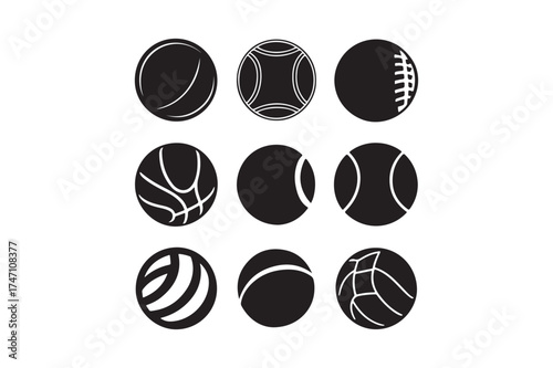Collection of nine stylized black sports balls on white background