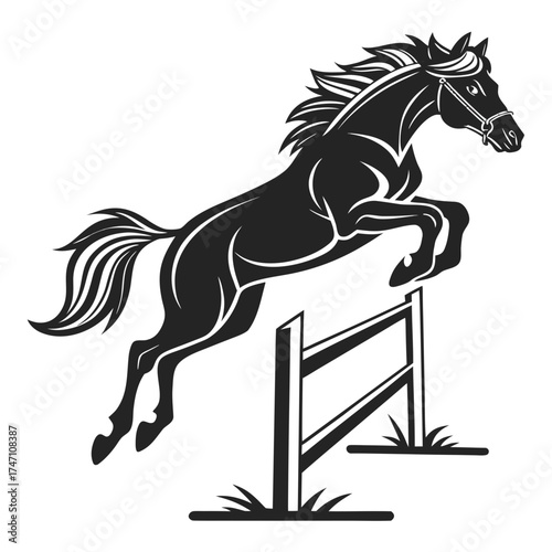 Black horse jumping over obstacle graphic equestrian