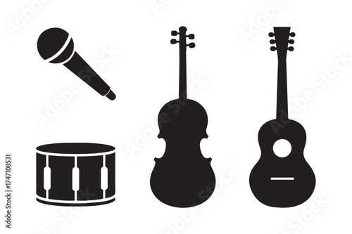 Silhouette of musical instruments including microphone guitar and drum
