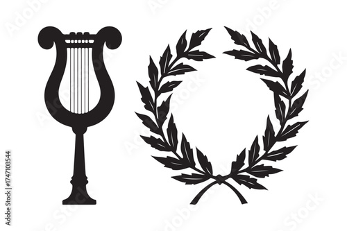 Classical lyre and laurel wreath silhouette emblem